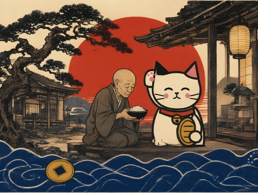 An old priest on a temple veranda under pines, offering a bowl of rice to a white cat