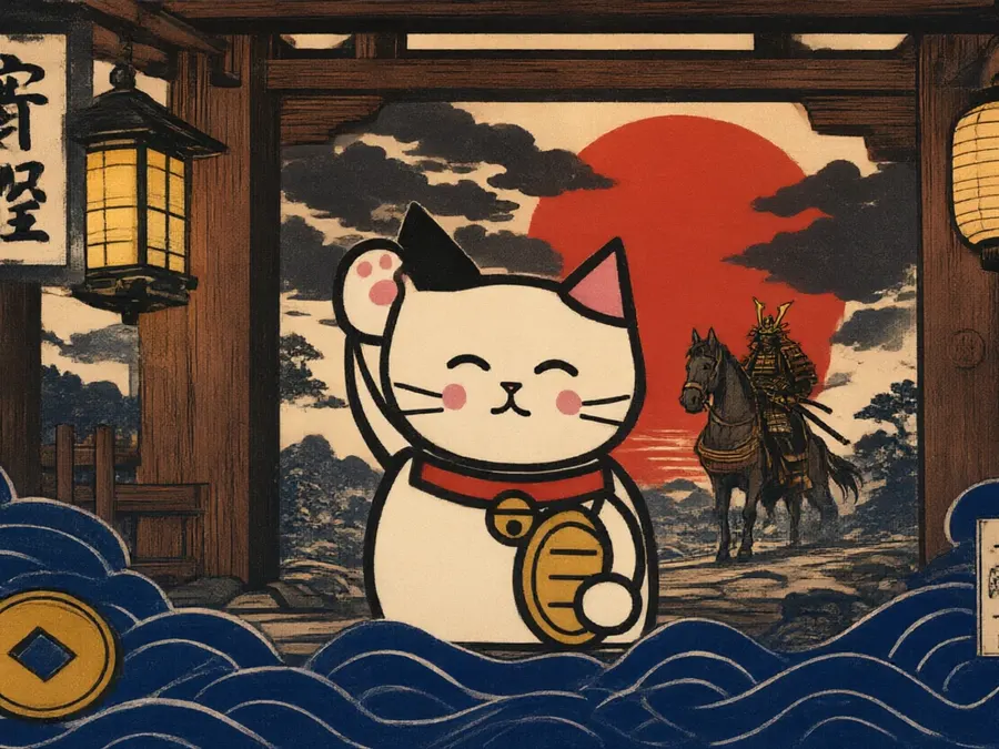 A white cat in a temple gateway with one paw raised, a lord on horseback on the road beyond