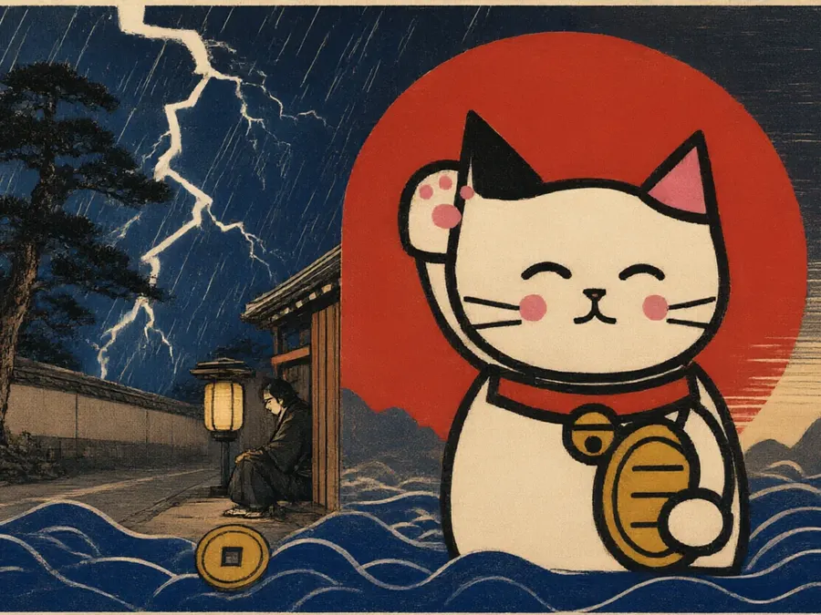 Lightning over a rain-lashed road outside the temple wall, a traveller sheltering by the gate