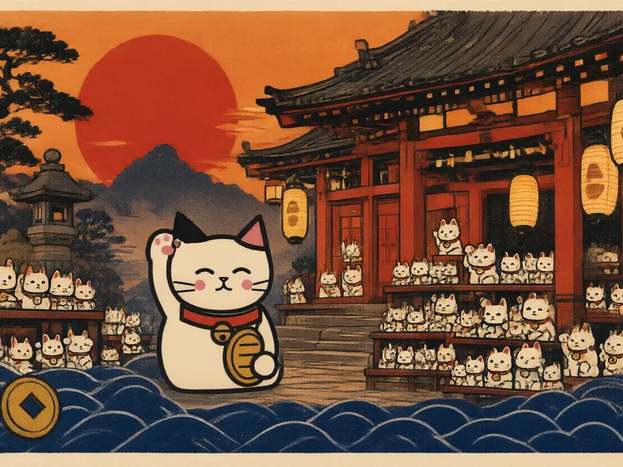 The temple restored at dusk, lanterns lit, rows of small white beckoning-cat figures by the gate