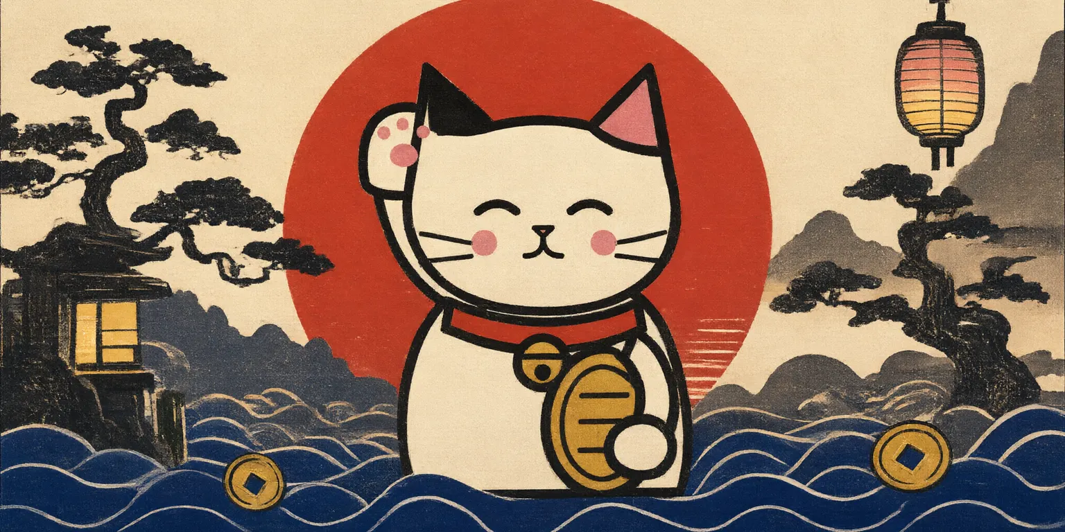 The beckoning cat with its paw raised before a red sun, pines, a lantern and indigo waves